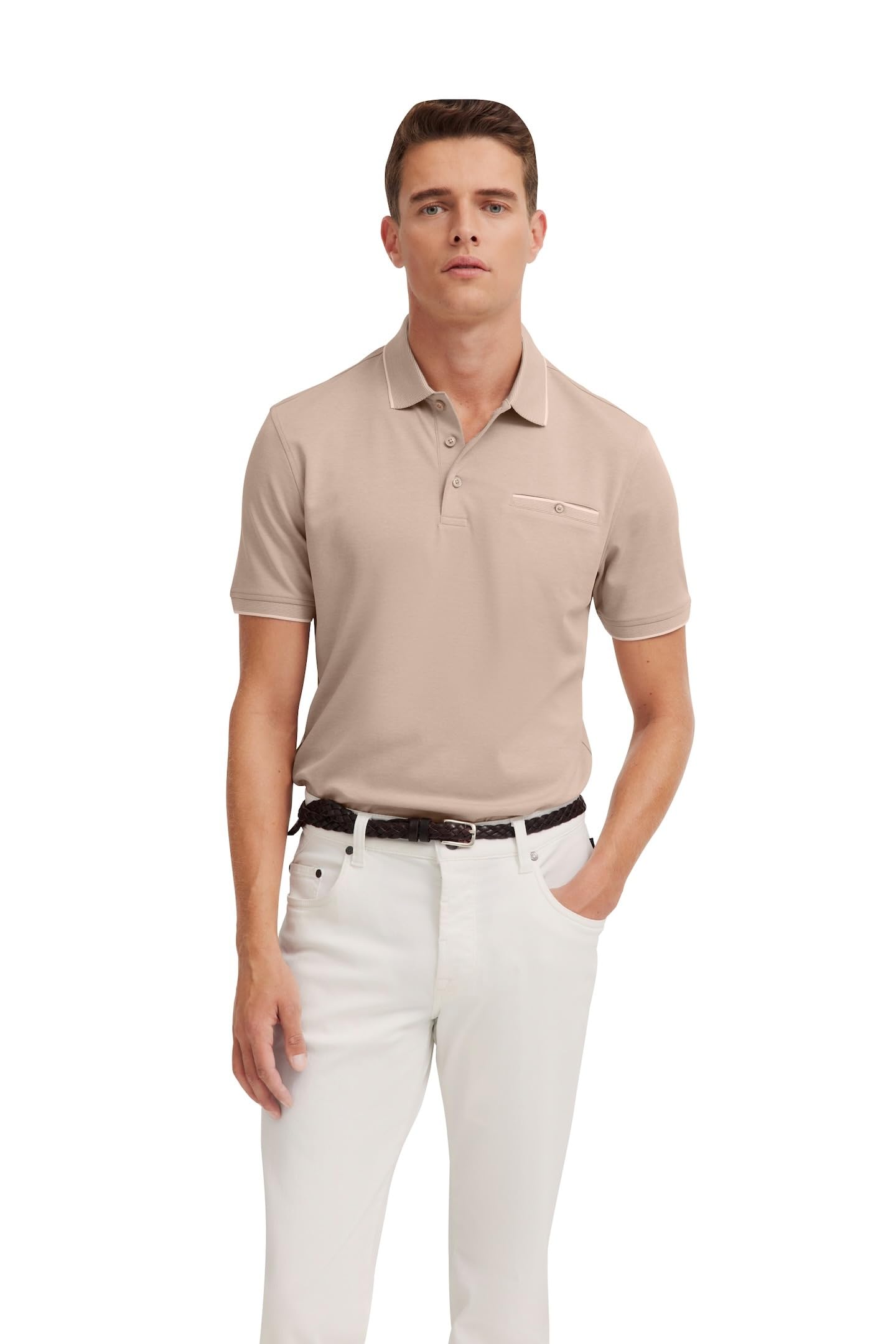 bugatti Men's Polo Shirt Chest Pocket Short Sleeve Modern Fit, 60-Taupe, L