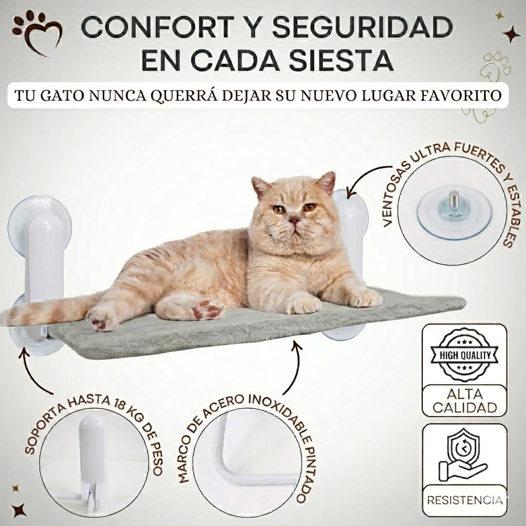 FR3® Hamaca para Gatos Ventana con Seguridad Reforzada | Cama Colgante con 6 Ventosas de Alta Resistencia y Barras Anti-Deslizamiento | Incluye 2 Fundas Reversibles Invierno/Verano y Juguete