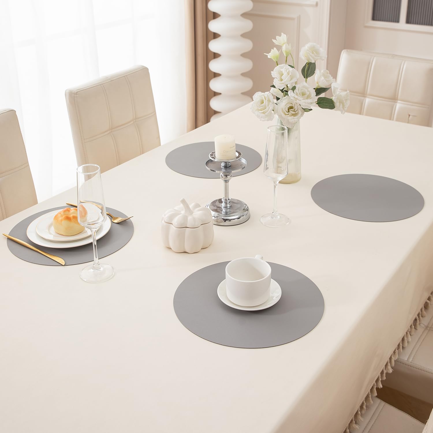 HOKIPO Premium Faux Leather Dining Table Round Mats, Heat Resistant Leak and Waterproof Non Slip Dinner Mats, 4 Pcs, Moon Grey (AR-5192-LGRY*4) (B0D5YN2427) Amazon Price History, Amazon Price Tracker