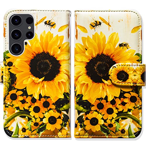 Bcov Galaxy S23 Ultra Case, Sunflower Bee Flip Phone Case Wallet Cover with Card Slot Holder Kickstand for Samsung Galaxy S23 Ultra