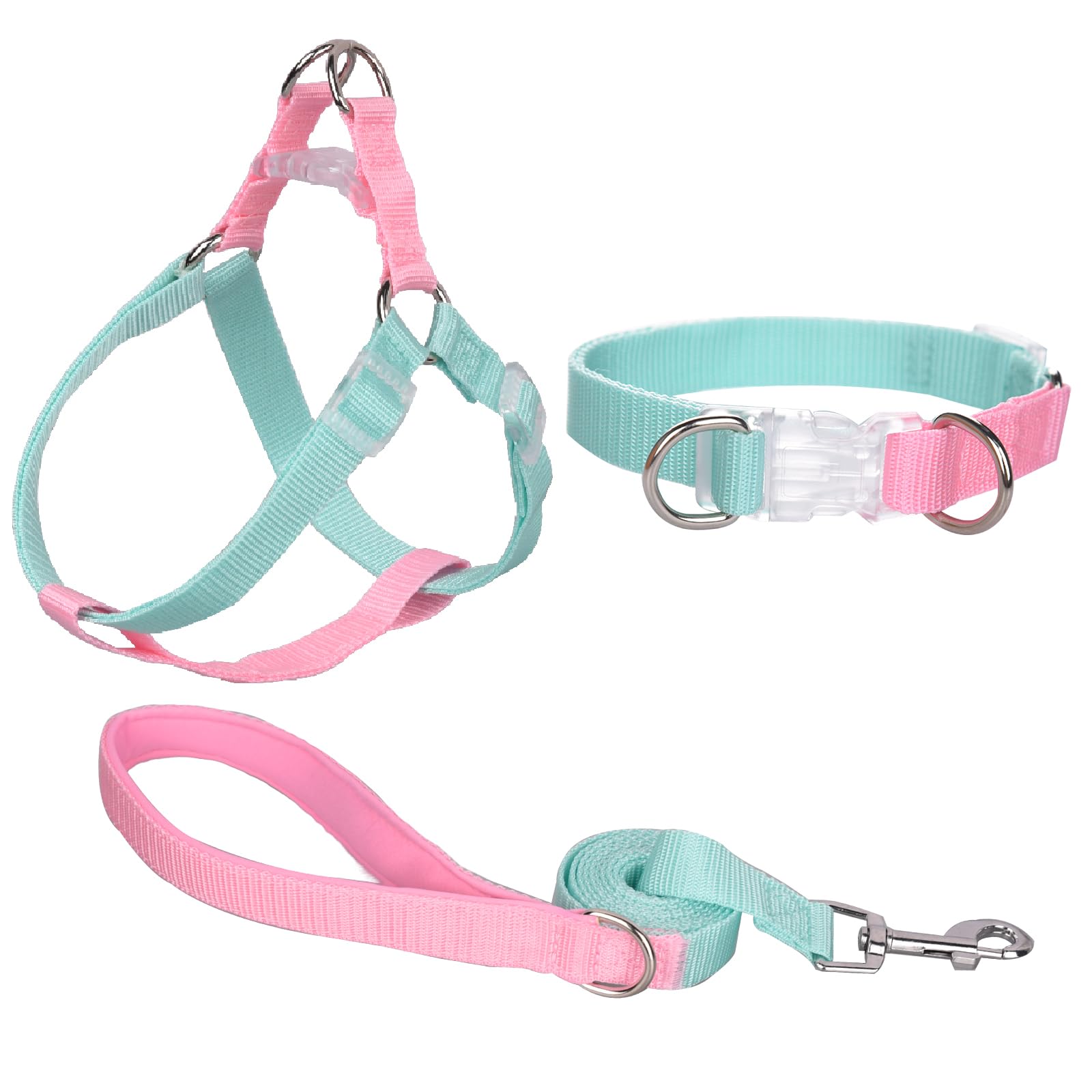 AIITLE Upgraded No Pull Dog Halter Harness Collar Leash Set - Adjustable Step in Dog Halter Harness - Easy Control for Walking - Comfortable Padded Handle - Walking for Large Dogs Green-Pink L