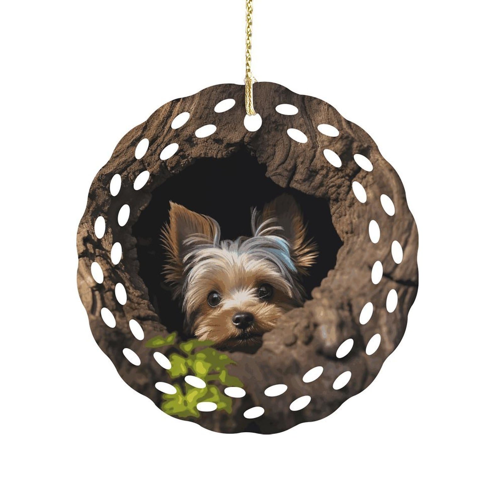 Btcowzrv Style A Little Yorkshire Terrier Nestled In A Tree Hole Ceramic Ornament,Round Ornaments With Hole Easy To Hang,Hanging Ornament For Wedding Party Home Window Garden Christmas Day Decor