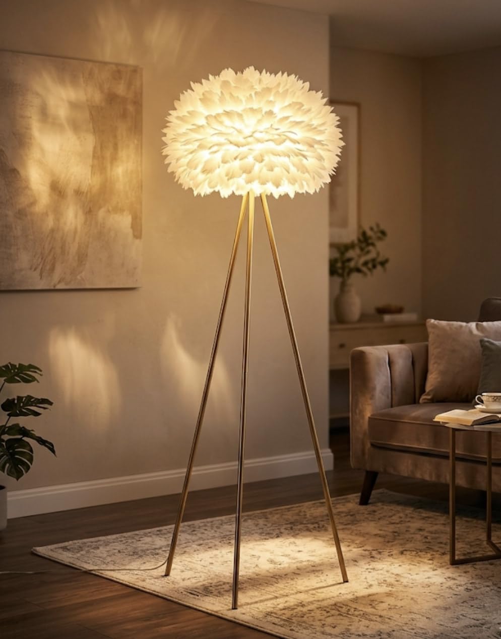 Sanleen Feather Ball Floor Lamp | White Feather Shade with Gold Tripod Stand | Modern Decorative Standing Light for Living Room Bedroom & Luxury Aesthetic Home Décor-image-13