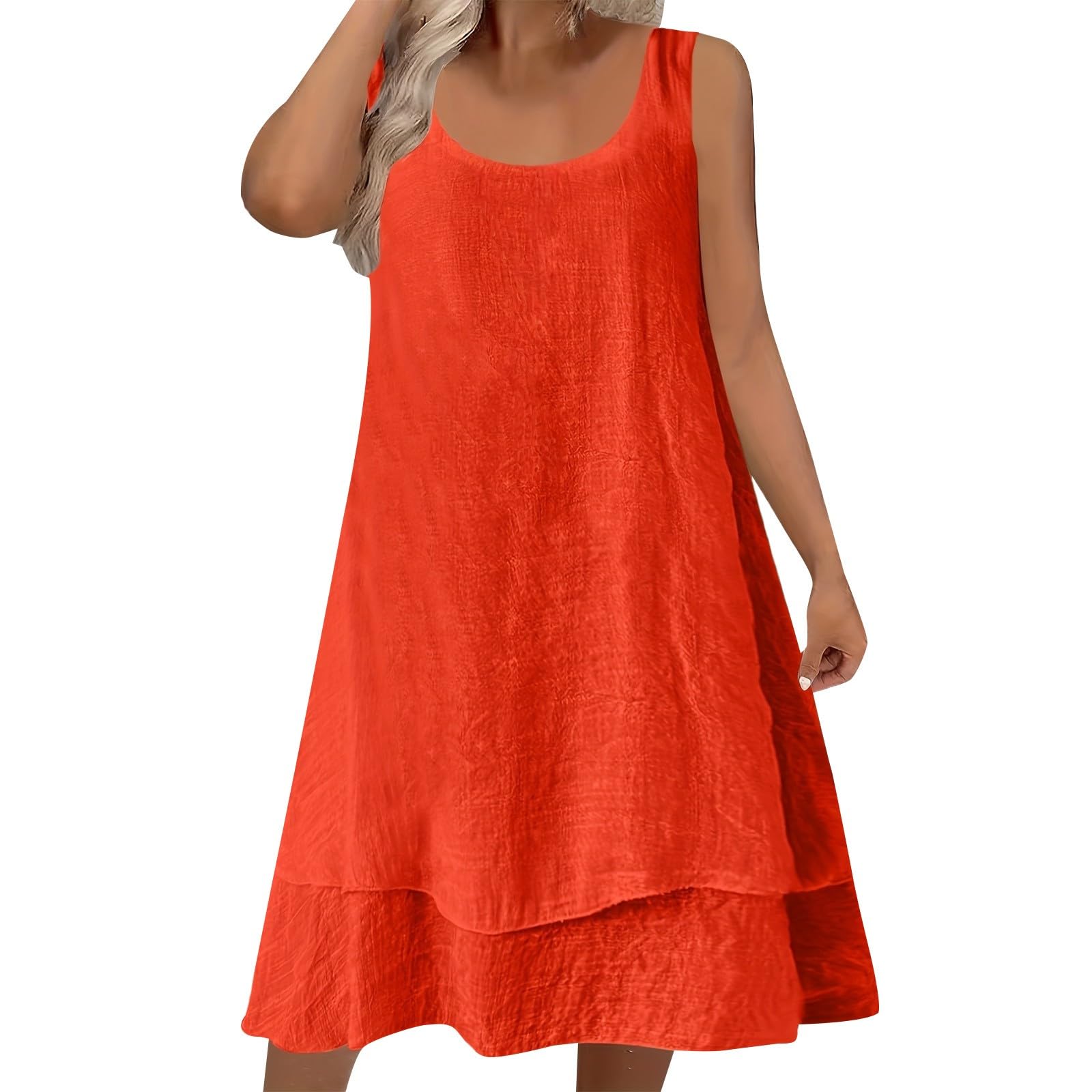 Generico Robe d'été pour femme - Robe d'été courte et sans manches - Robe à volants superposés - Col en U - Couleur unie - En coton et lin - Modèle léger - Robe décontractée de plage