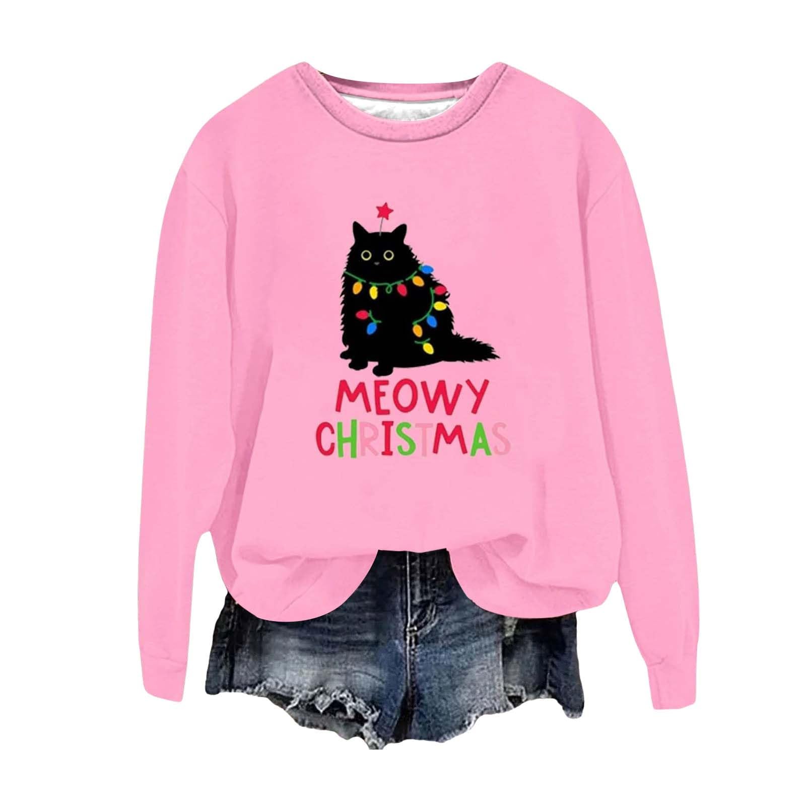 Sudadera de Navidad para mujer estilo suéter feo con estampado de gato y manga larga 5