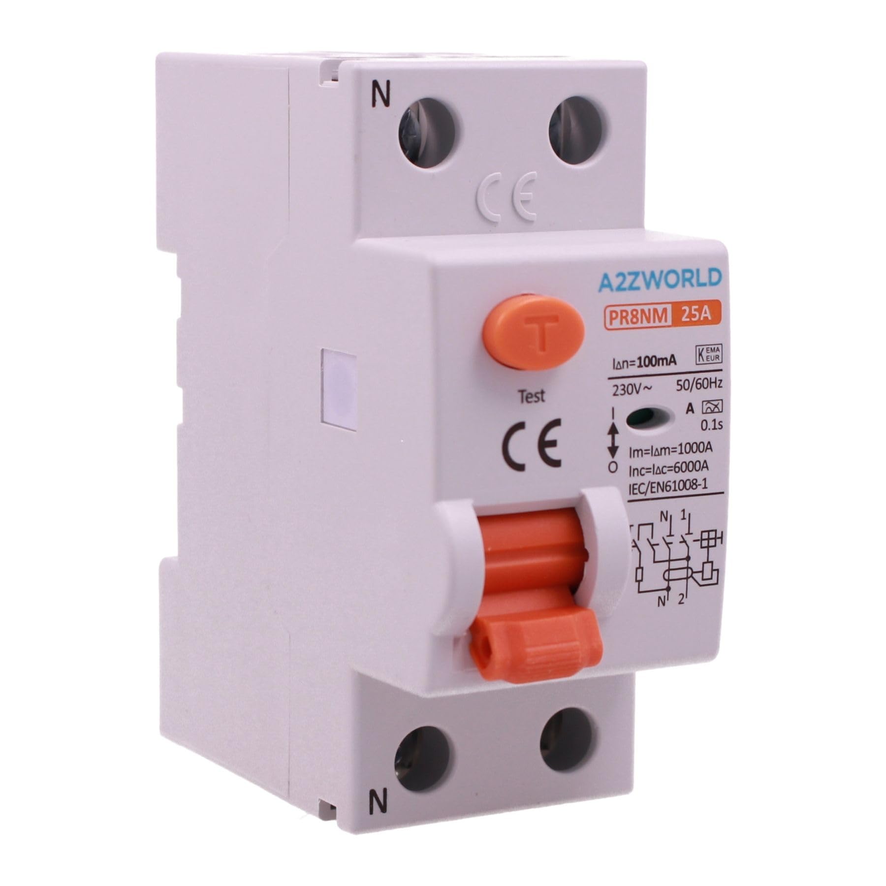 Interrupteur différentiel pur type A, sauveteur 100 mA 25 A, RCCB 1P+N 6 kA 220 V, 2 modules DIN, série PR8NM électromécanique, certifié IEC61008-1