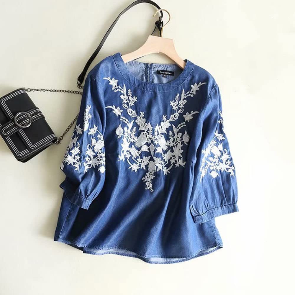 Bluse Damen, Damen Jeanshemd Mit 3/4 Ärmeln Vintage Dunkelblau Blumenstickerei Rundhalspullover Hemden Oberteile Lässig Locker Gewaschen Blusen Elegante Tunika-Oberteile Für Damen Mädchen
