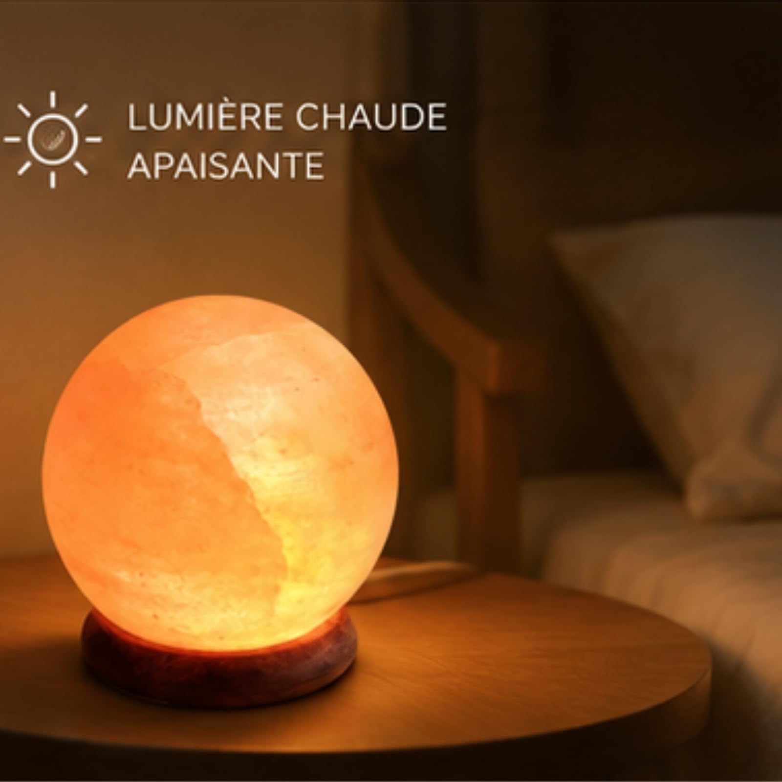 Lampe USB en Cristal de Sel d'Himalaya Naturel Sphère - 100% Authentique - Sculpté à la Main – Base en Bois – Câble Électrique USB Fourni - Environ 500g - Zen’Light, Orange