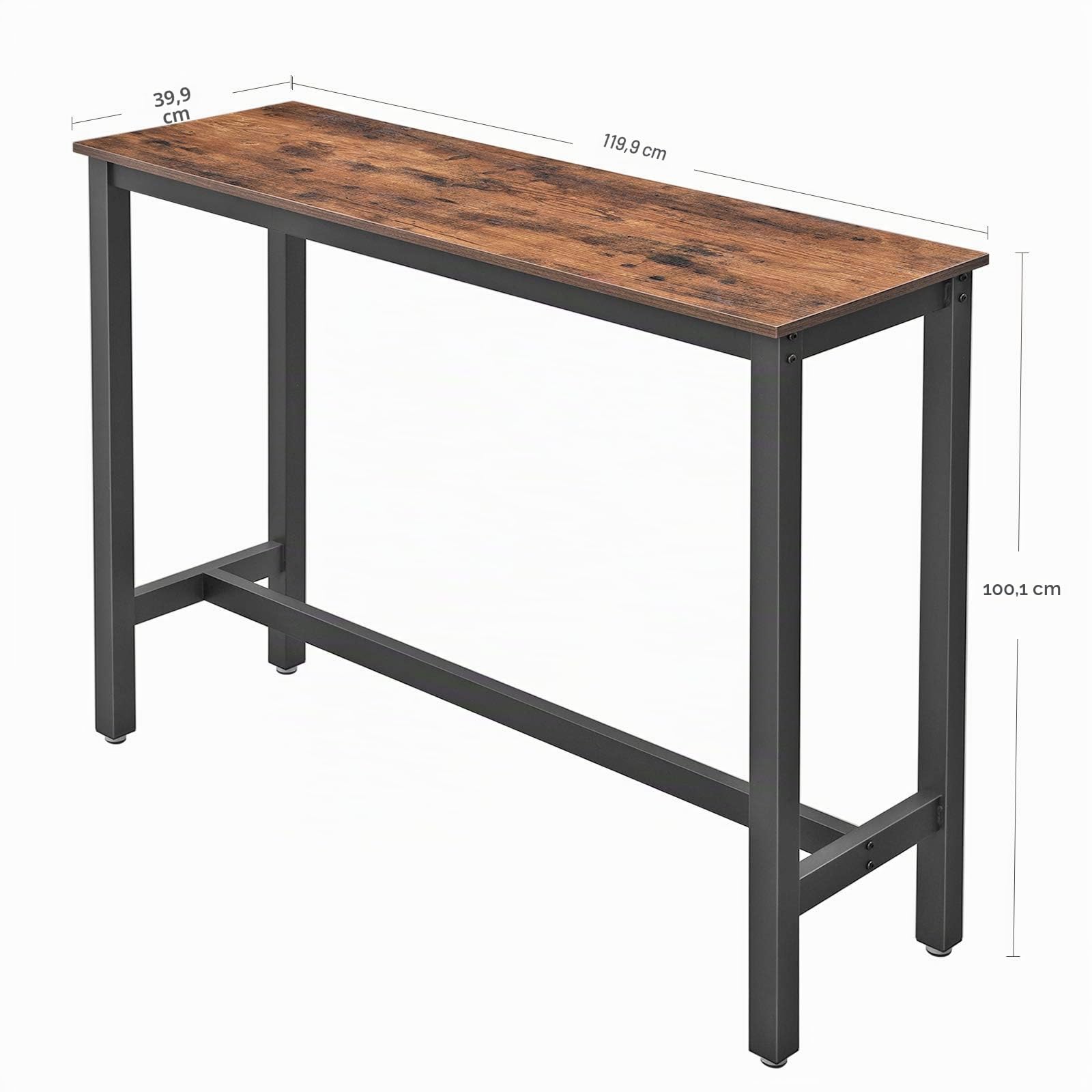 VASAGLE Mesa de Bar, Mesa de Cocina Rectangular Estrecha, Mesa Alta con Marco de Metal Robusto, 120 x 40 x 100 cm, Montaje Sencillo, Diseño Industrial, Marrón Rústico y Negro LBT12X