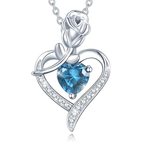 AGVANA Rosy Reverie Birthstone Necklace for Women Sterling Silver Genuine or Created Gemstone Rose Flower Heart Pendant Necklace Anniversary Birthday Gifts for Women Mom Wife Her