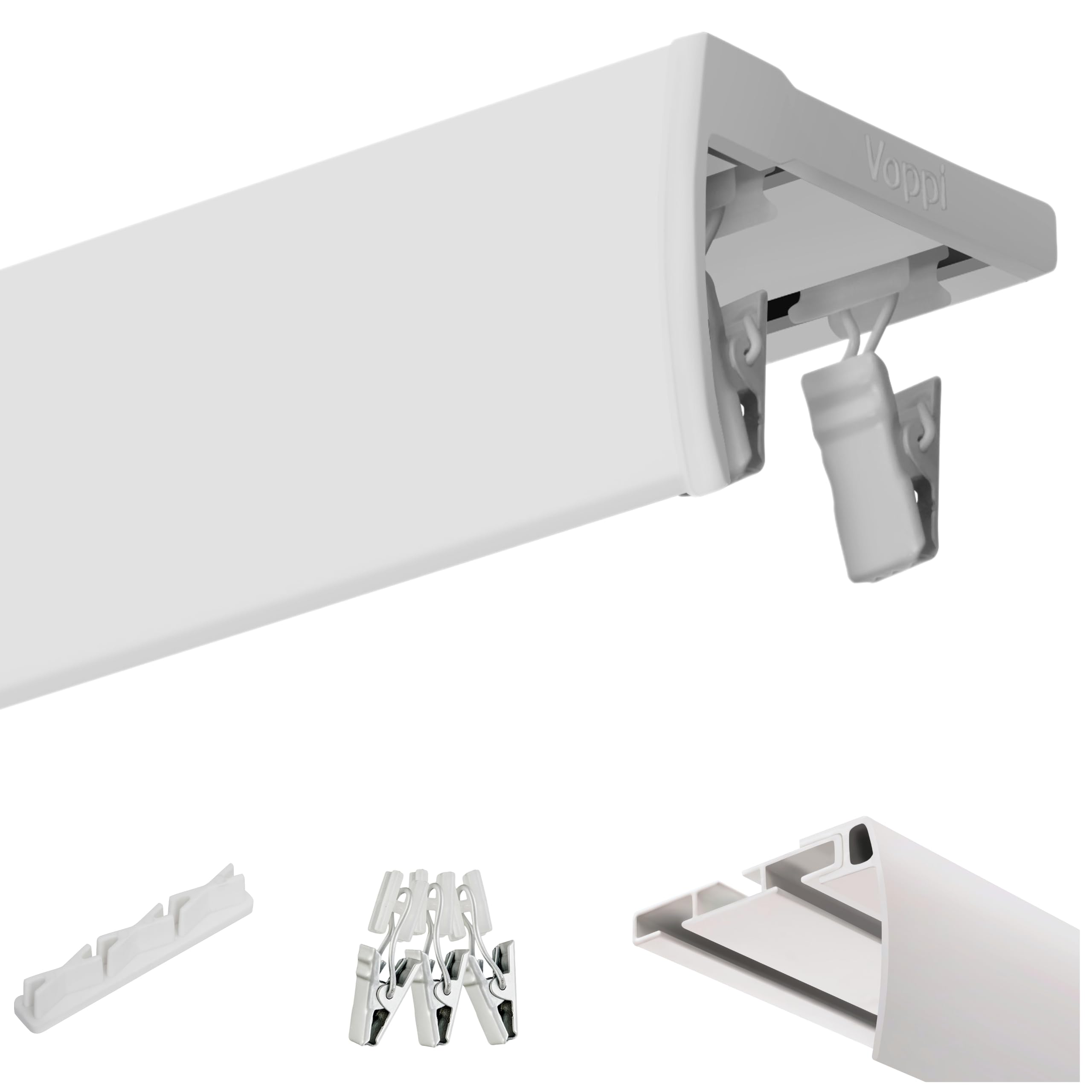 Voppi Deckenschiene doppelt weiß mit Abdeckblende 280cm Aluminium Gardinenstange pulverbeschichtet modern elegant frosch Rollen für Wohnzimmer Büro Haus