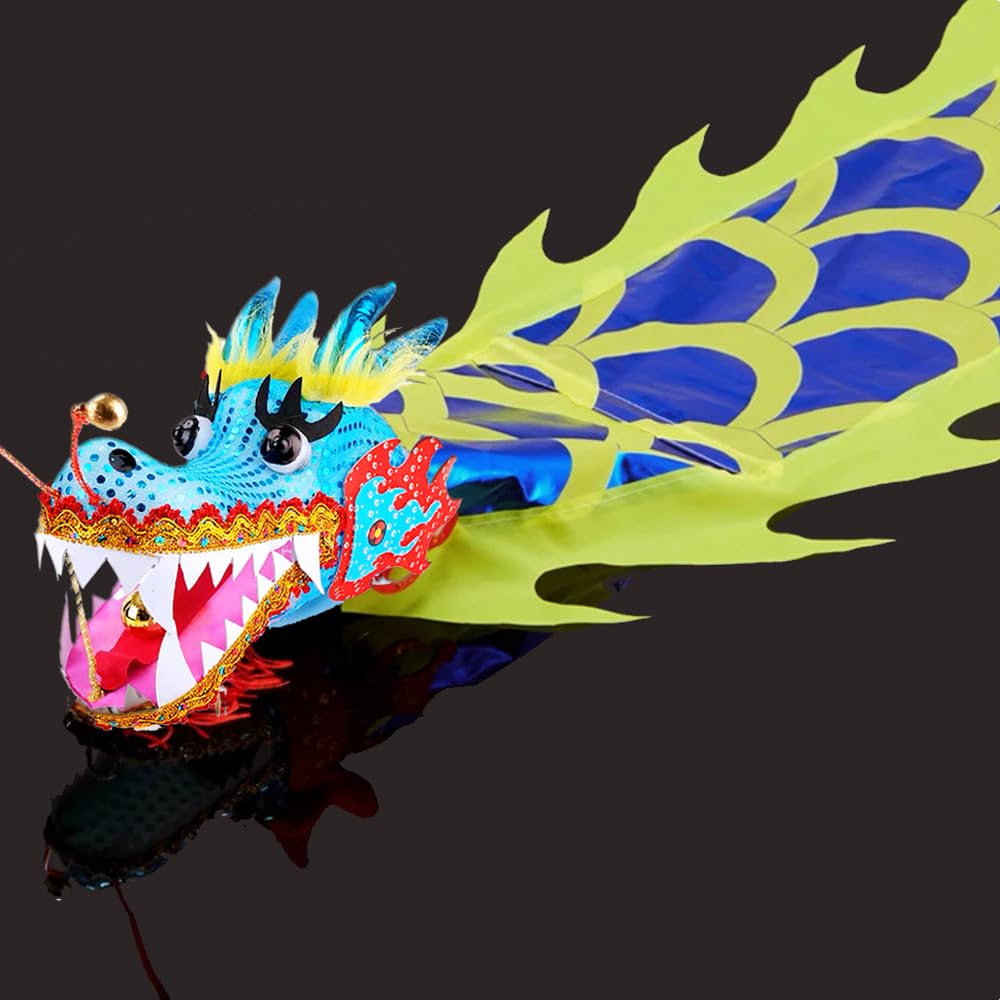 PAIKOOL Dragon Poi with 3D Plastic Dragon Head, Swing Rope and Hot Stamping Golden Ribbon Streamer, Outdoor Fitness Golden Dragon Stage Prop Set (Blue Dragon, 9.8 FT (3m))