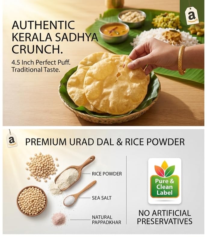 Image of Naturalz Kerala Authentic 4.5 Inch Handmade Pappadam - Traditional Urad Dal Fryums (400g, Approx. 64-68 Pieces) - No Artificial Preservatives