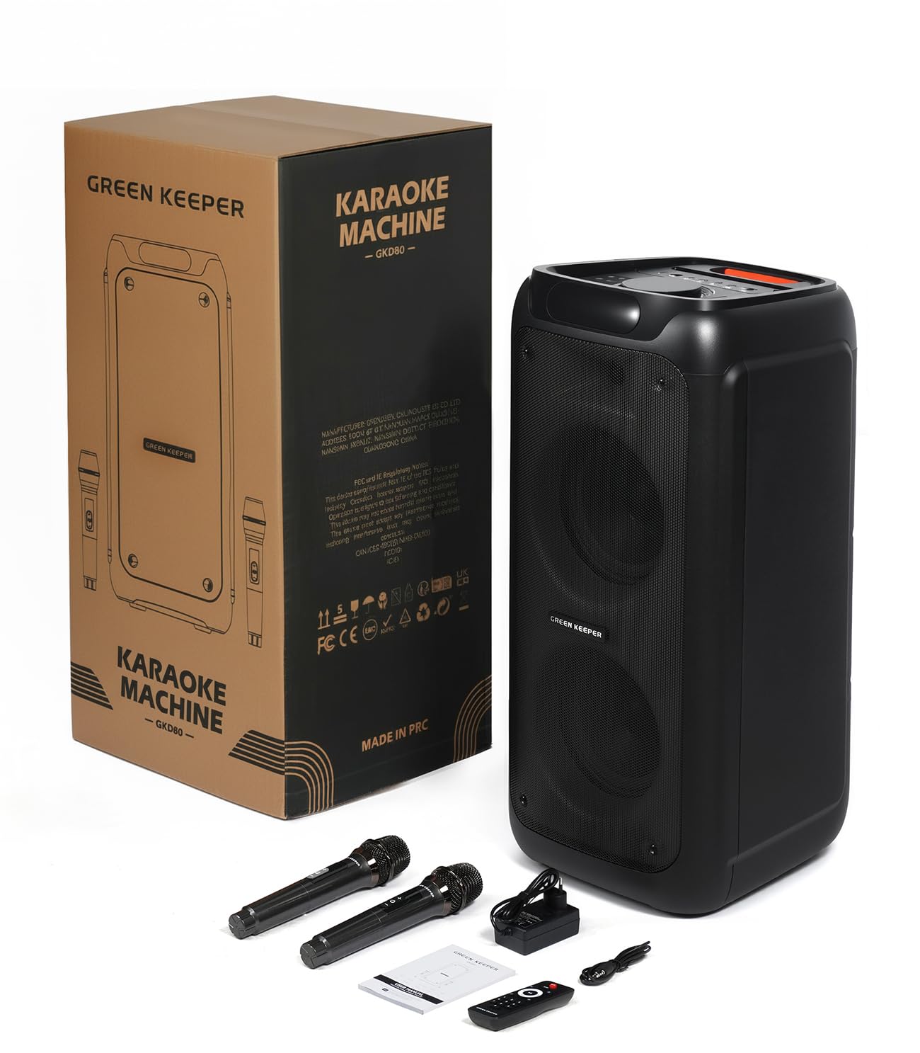 GKD80 Cassa Karaoke per Adulti con 2 Microfoni UHF Wireless, Altoparlante Bluetooth da 600W di Potenza di Picco, 2 Subwoofer da 8", Speaker Portatile per Feste con Telecomando e Ruote, Ideale Feste