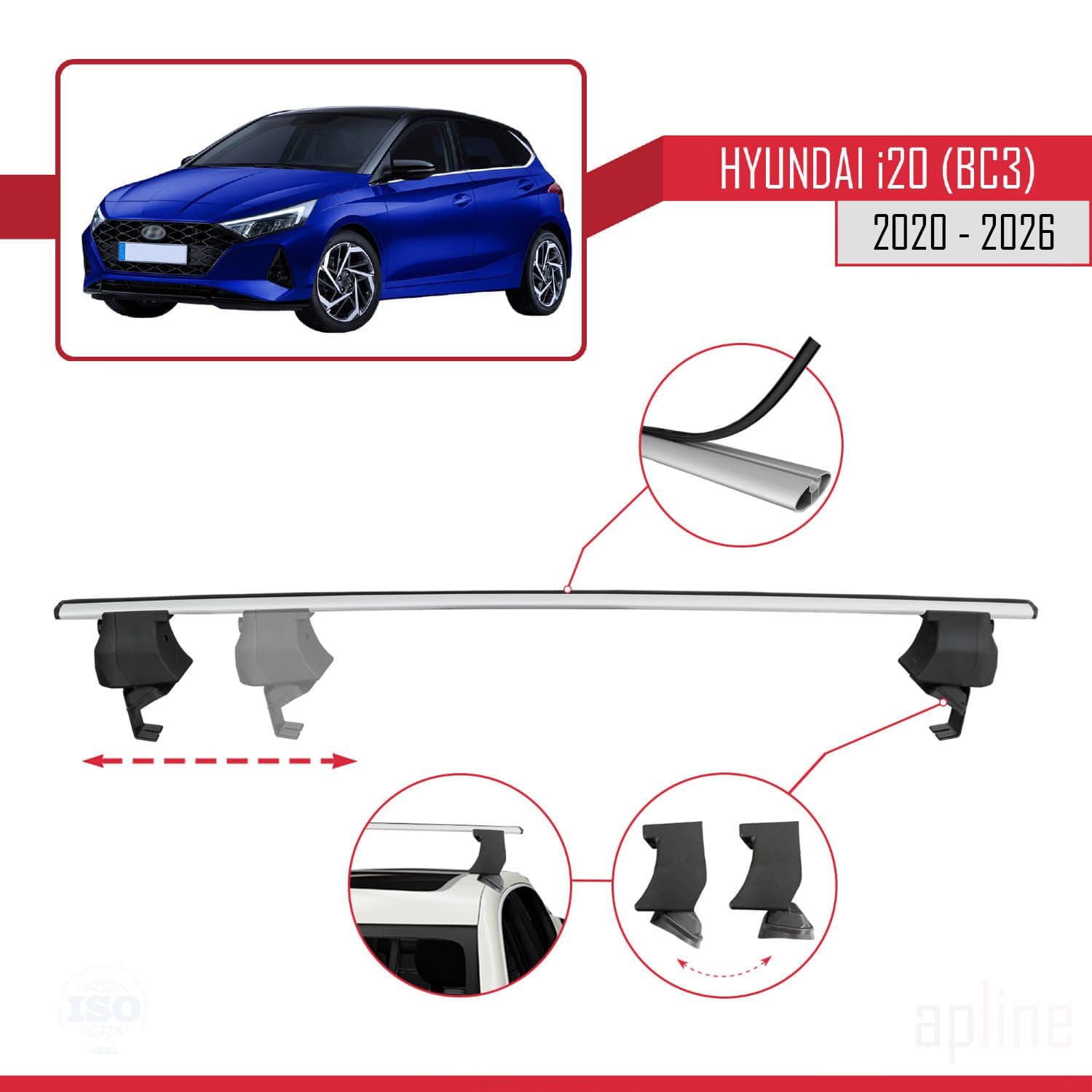 Barres De Toit ACE-3 Compatibles Hyundai I20 (GB) 2014-2019 - Porte-Bagages Aluminium Gris