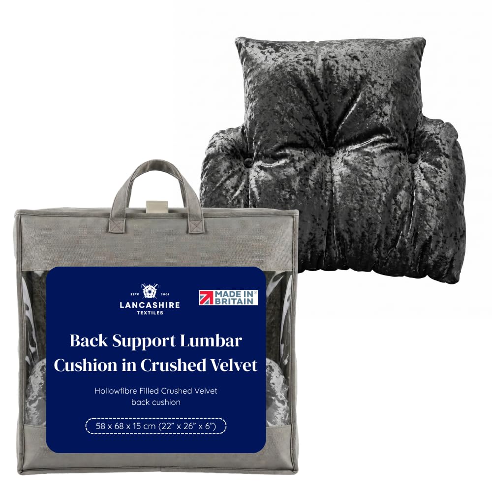 Lancashire Textiles Back Support Lumbar Cushion in Crushed Velvet – Hollowfibre Filled T-Shaped Lightweight Pillow – Comfort Support for Armchair and Desk Chair (Size -58 X 69 X 12 cm; Colour- Silver)