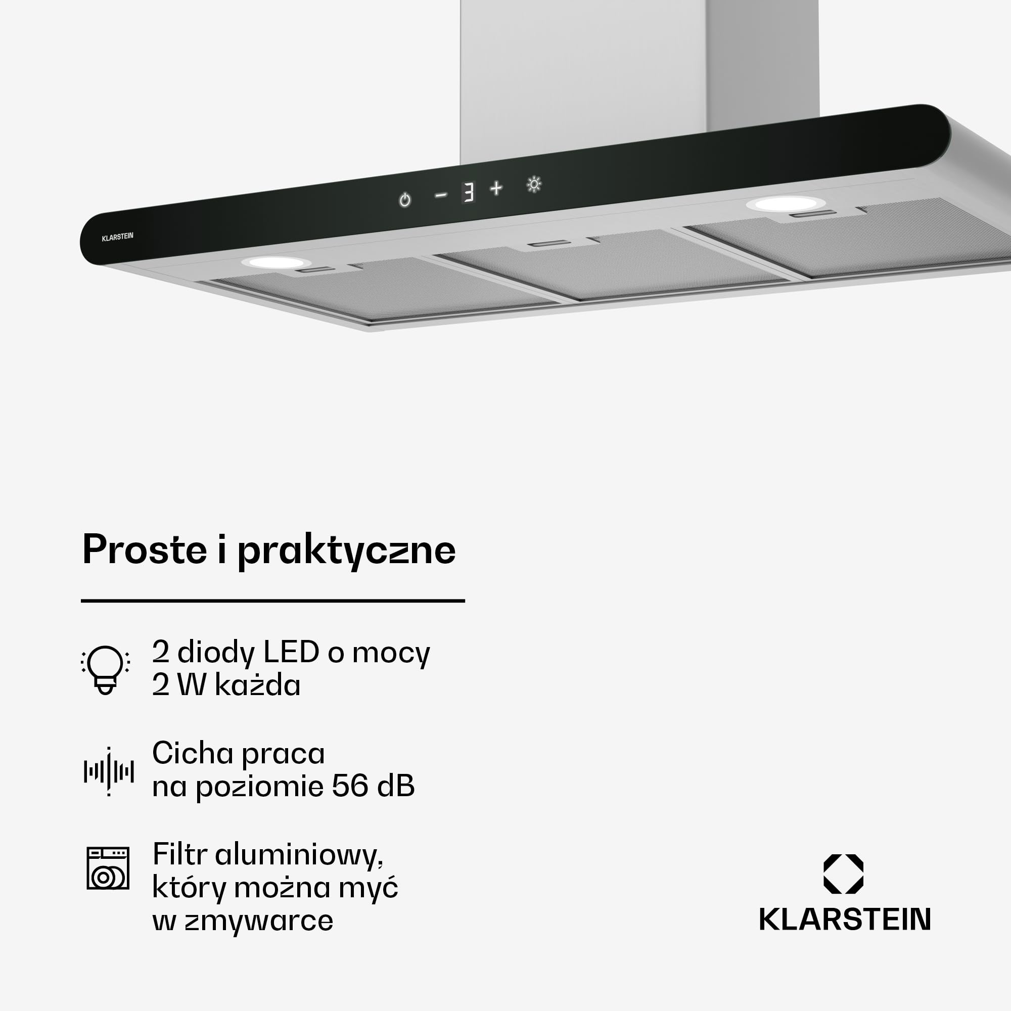 Klarstein CurveVent okap kuchenny – 90 cm, strumień powietrza 700 m³/h, energooszczędność A+, obsługa dotykowa, oświetlenie LED, 56 dB, czarny, filtr powietrza wylotowego i węglowego
