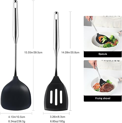 Miniatura 2 de Juego de 2 espátulas de silicona, utensilios de cocina sólidos y ranurados, resistente al calor, sin BPA, apto para lavavajillas, mango de acero