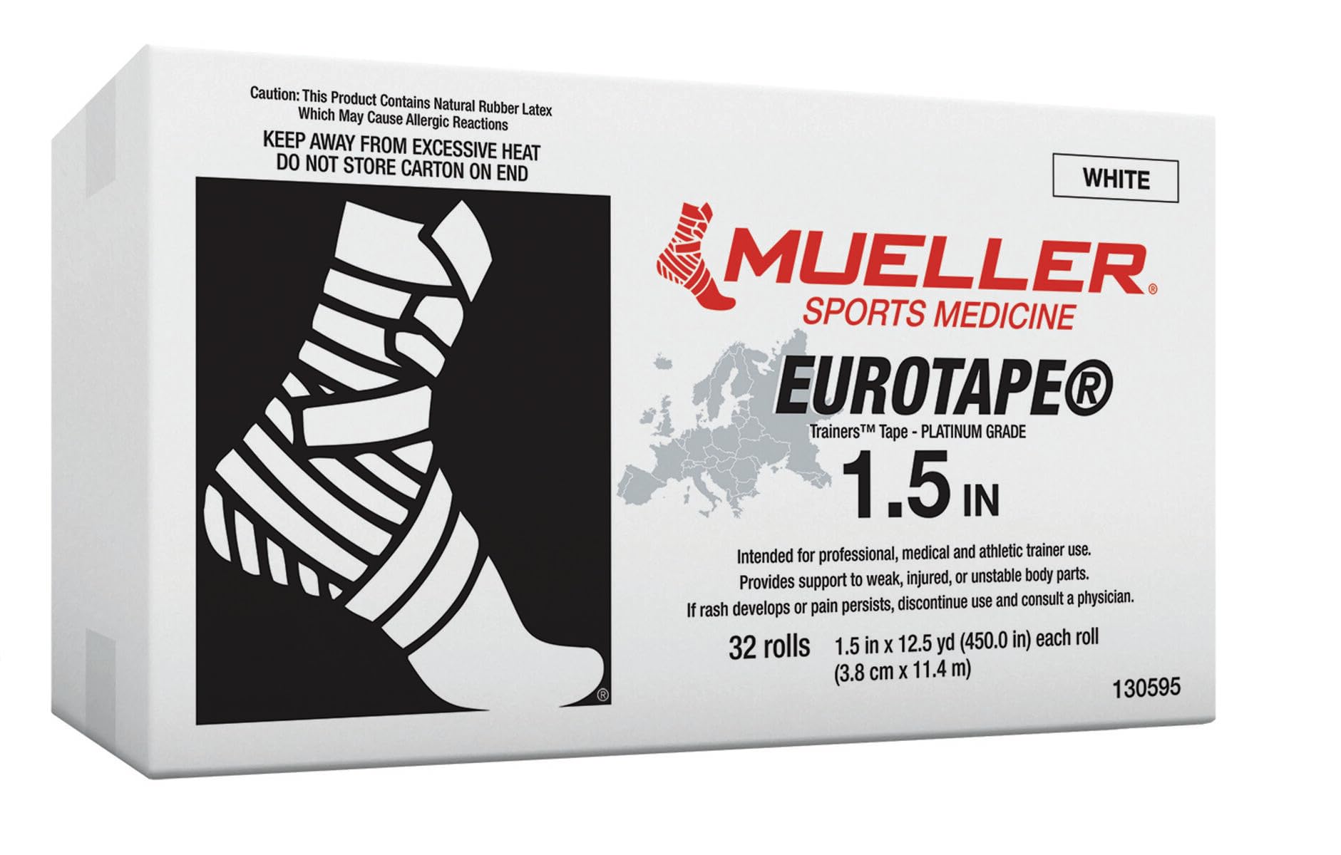 MUELLER Eurotape Platinum Grade, Premium Sporttape, weiss, 3.8cm x 11.4m, 32 Rollen