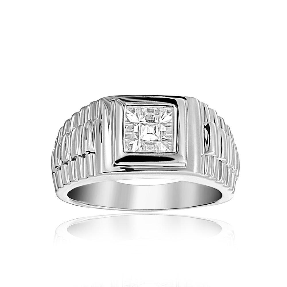 Personaliza Anillo de Compromiso para Hombre con Diseño de Banda Lateral Cuadrada Geométrica de Corte Invisible AAA CZ Anillo de Meñique Declaración Unisex Mujer Talla Grande .925 Plata de Ley