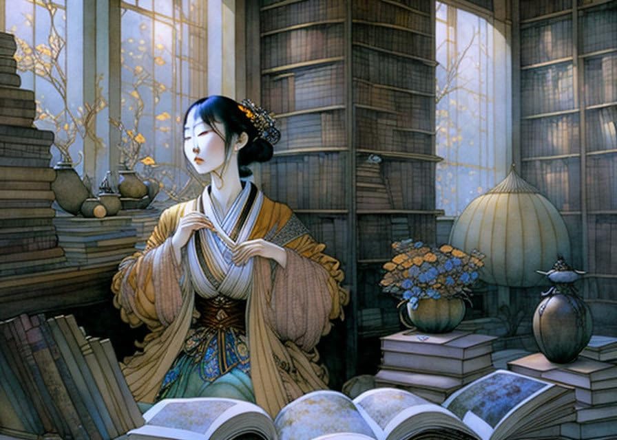 Toile femme dans sa bibliothèque SERENDIPITP pour décoration salon lecture