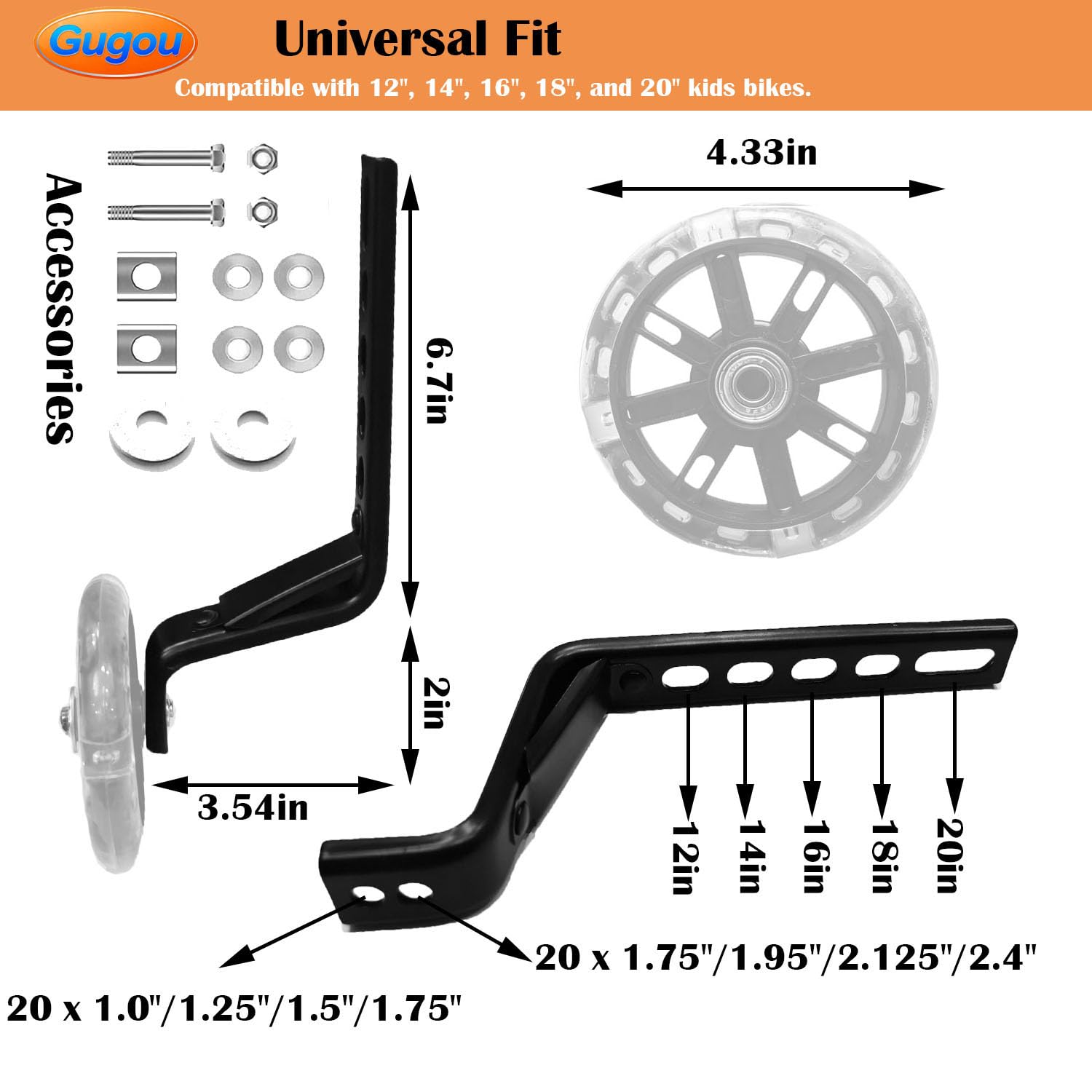 Gugou Flash Training Wheels for 12 14 16 18 20 Inch Bike，Bicycle Training Wheels for Single Speed Kids Bike