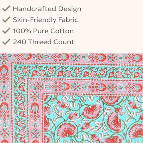 Image of elanorhomes 100% Cotton 240 TC Single Bed Sheet Set | Floral Printed Bedsheet with Pillow Cover | Soft Breathable Fabric for Bedroom | 60x90 Inches (Torquoise Pink Lotus)