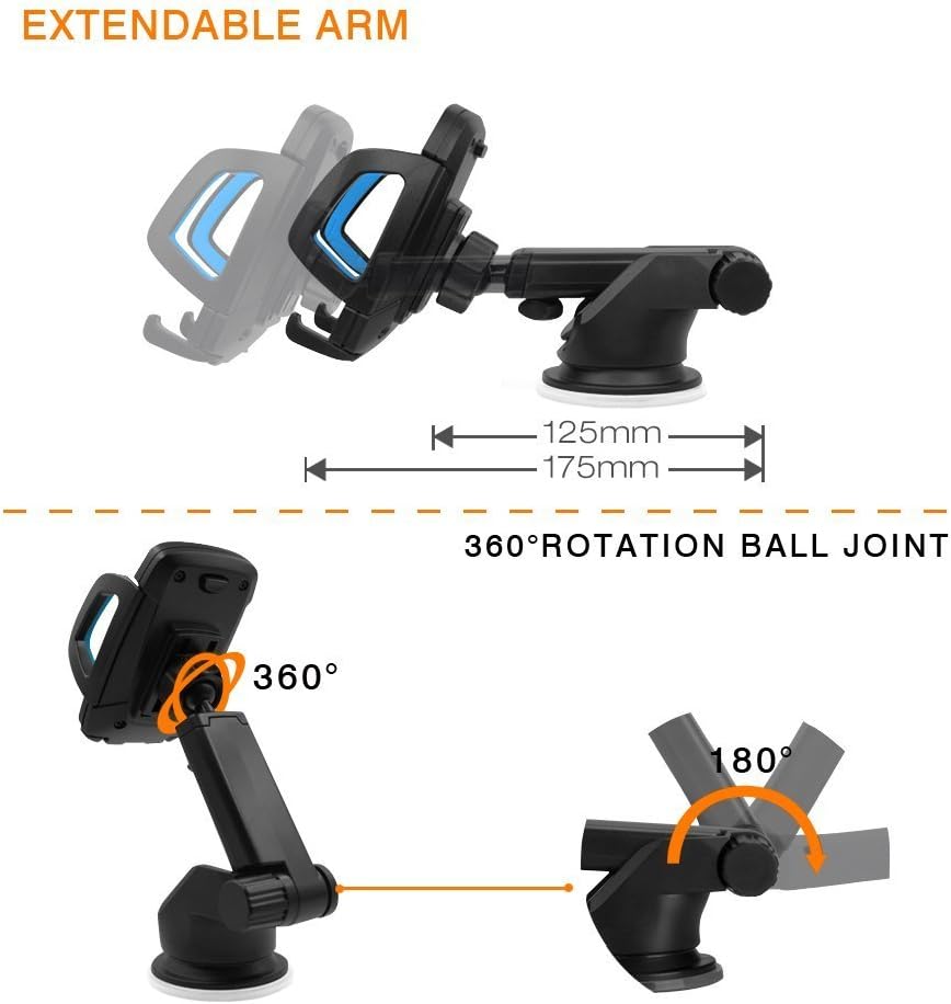 LilBit Car Phone Mount, Universal Long Arm Windshield Mobile Phone Cradle with Suction Cup for 3.5-6.5 inch Smartphone GPS, Black and Blue