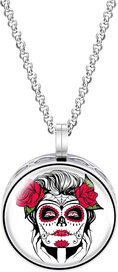 Wild Essentials Sugar Skull Tattoo Art Enamel Finish Essential Oil Diffuser Necklace Gift Set - Includes Aromatherapy Pendant, 24