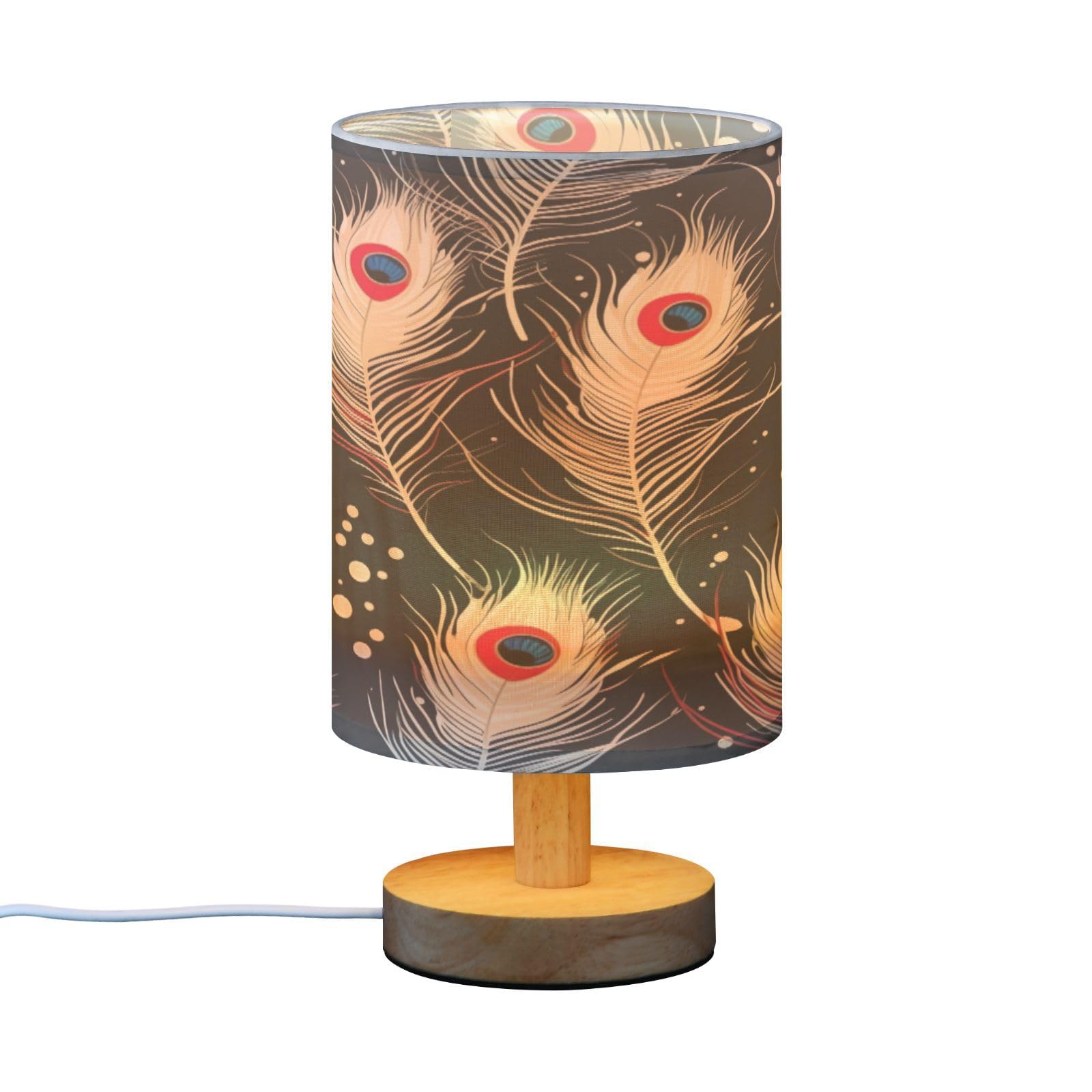 SDMKA Peacock Feathers Black Bedside Table Lamp for Bedroom, Minimalist Nightstand Lamp with Round Fabric Shade for Living Room, Office, No Bulb Required