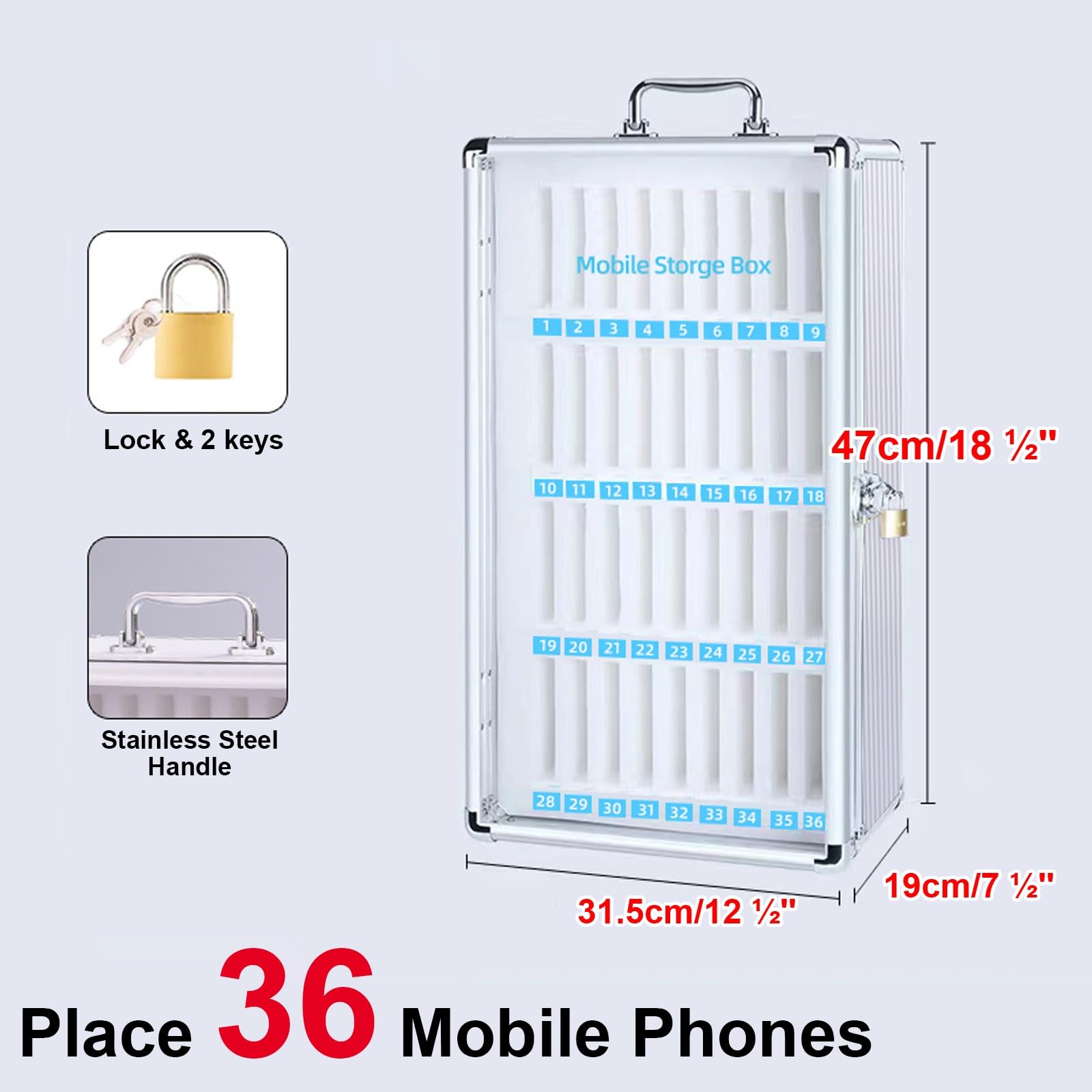 Handy Safe 36 und 48 Fächer, Tragbares Handy Schließfach, Handy Aufbewahrungsbox zur Wandmontage, Handytresor mit Schlössern(31.5cm/12.5in)