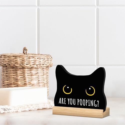 Miniatura 5 de Decoración de gato negro para Halloween, decoración de baño con texto en inglés "Are You Pooping", decoración de acrílico para el hogar, baños,