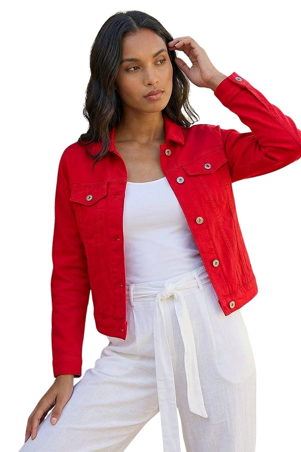 Roman Originals Women's Red Jean Denim Jacket For Uk 100% Cotton Summer Casual Stretch Crop Smart Utility Trucker Biker Fitted Vintage Wash Faded Classic Work Twill - Size 20