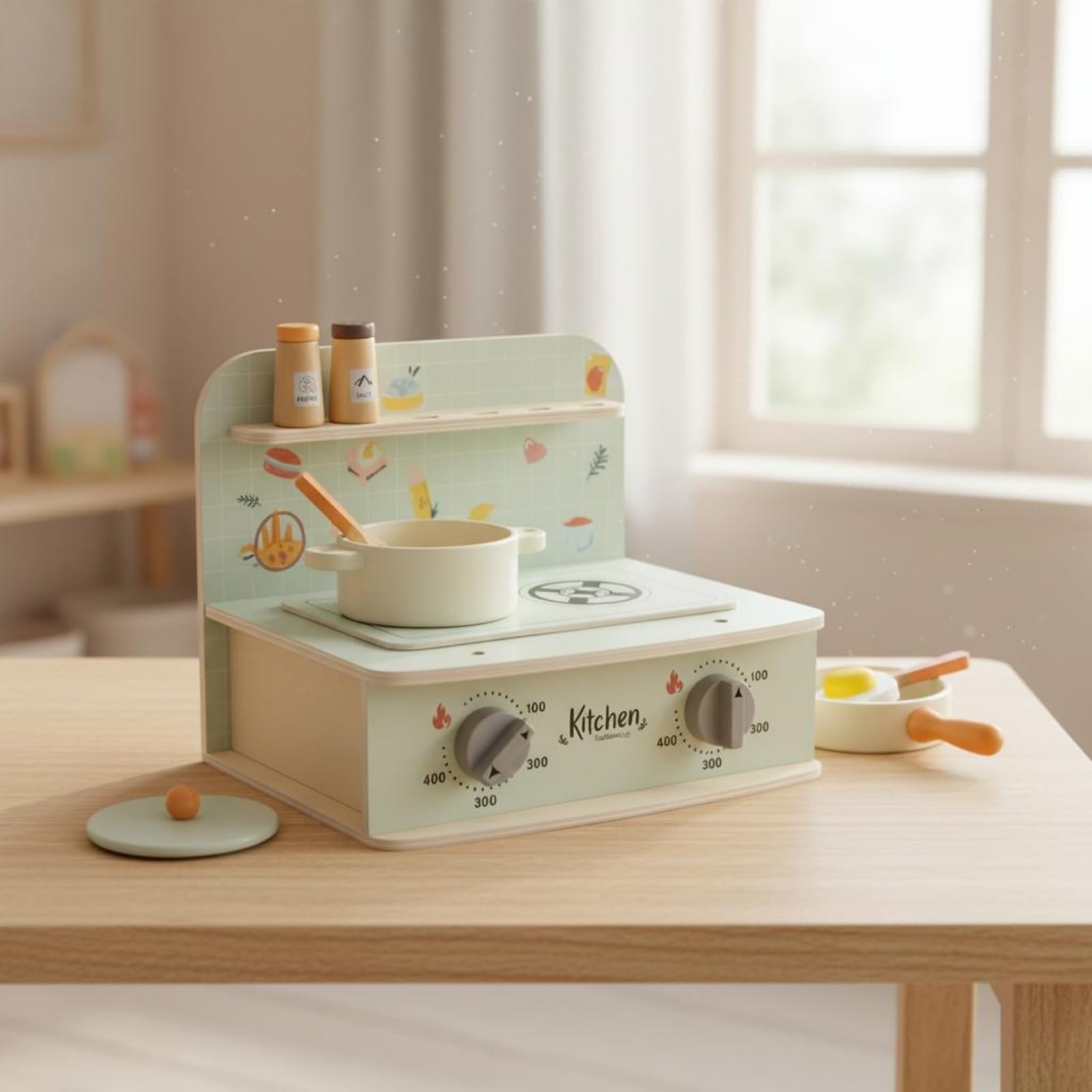 Amagogo Cucina Giocattolo per Bambini Giocattolo Piano Cottura Set Accessori Gioco di Ruolo Legno con Pomelli Grafiche Tema Adatta per Gioco Quotidiano Regali Casa Area