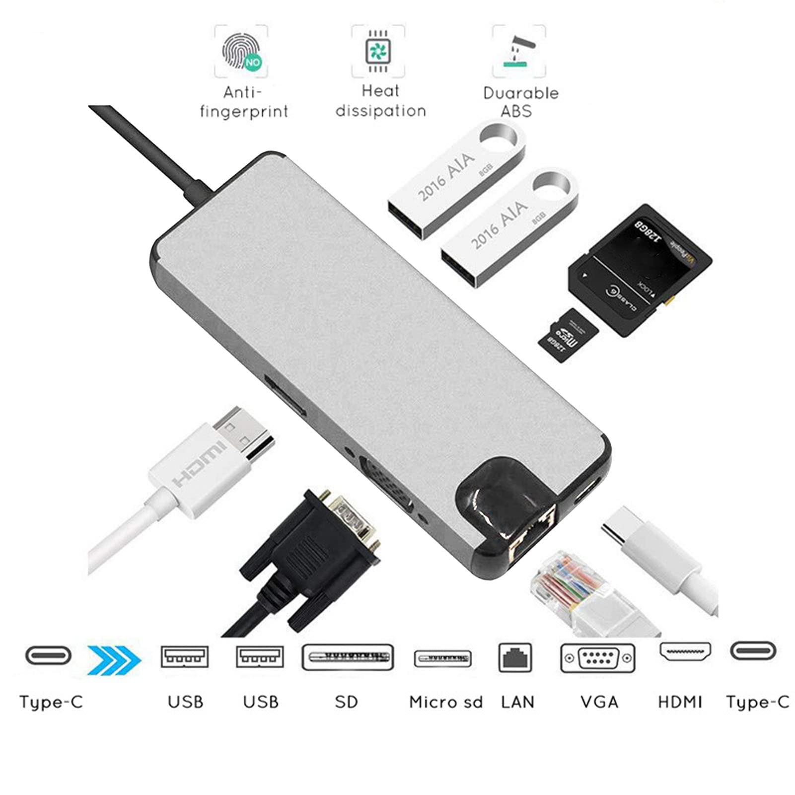 Pilipane Concentrateur USB C,Concentrateur USB, Adaptateur USB, Adaptateur De Concentrateur D'interface Multimédia 8 en 1 Type C vers VGA HD PD Concentrateur USB3.0 à Charge Rapide