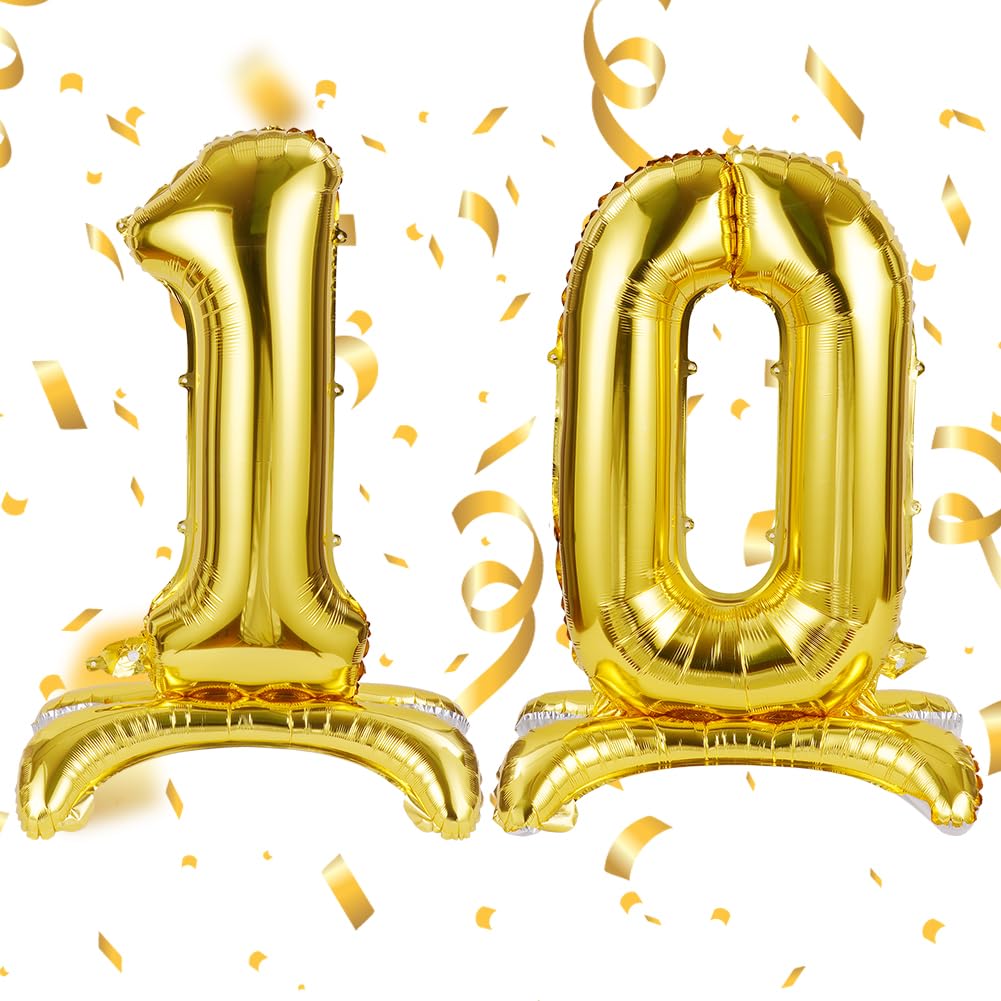 APXEL Gold Standing Number 10 Balloons, 40 Inch Large Foil Number 1 & 0 Balloons, Self Inflating 10th Birthday Balloon for 10 Year Anniversary Birthday Party Christmas Decorations Supplies