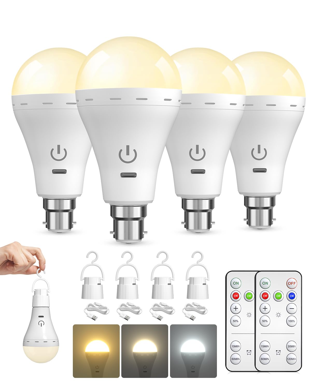 BrightArk Rechargeable Light Bulbs with Remote Control, 3 Color + 10%-100% Dimmable Battery Light Bulb, USB Rechargeable Light Bulb with Touch Control B22 A70 LED for Indoor/Outdoor/Camping(4 Pack) โ image 1