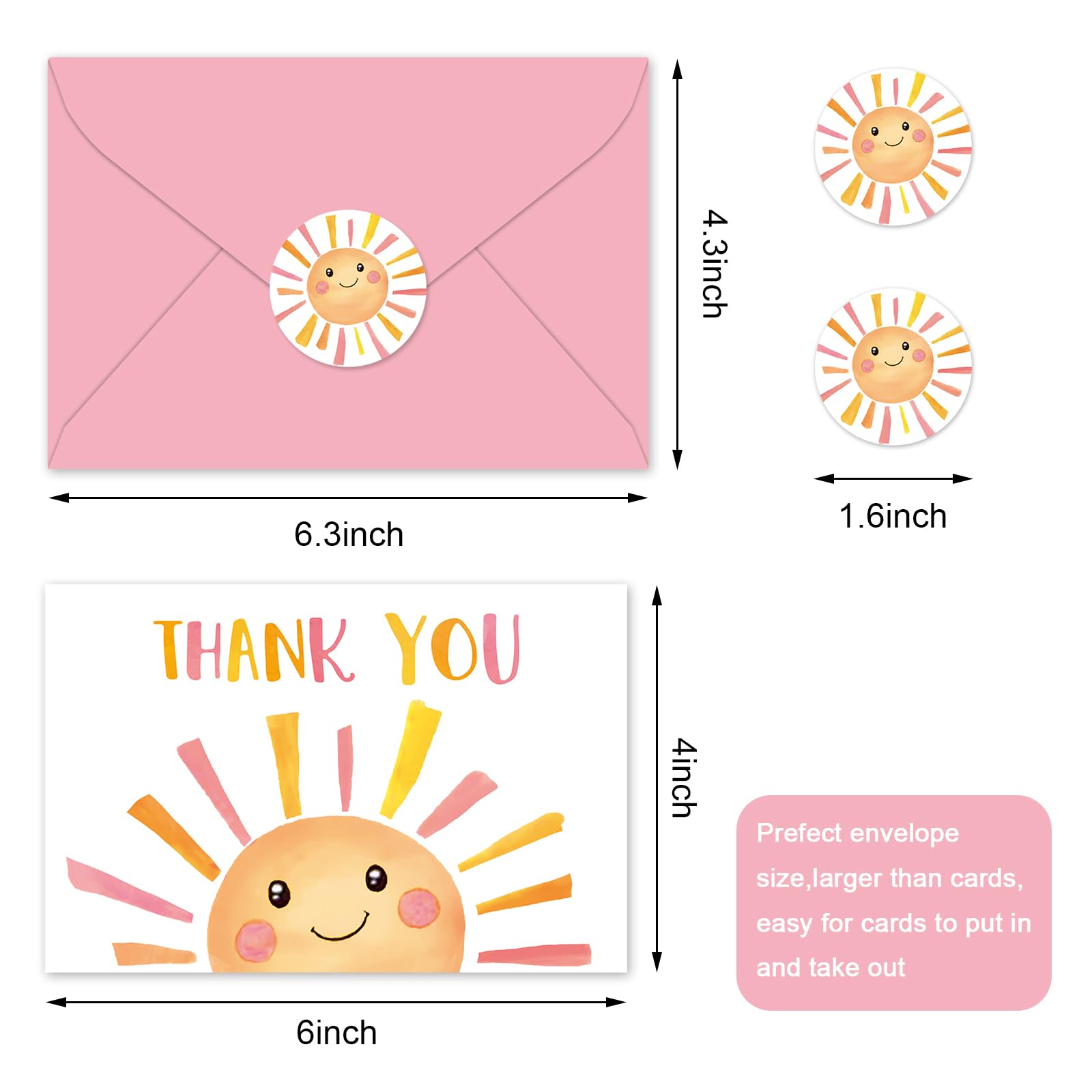 Whaline 24 Pack Sunshine Thank You Cards Pink Orange Cartoon Sun Note Card with Envelopes Stickers Cute Greeting Blank Card for Birthday Baby Shower