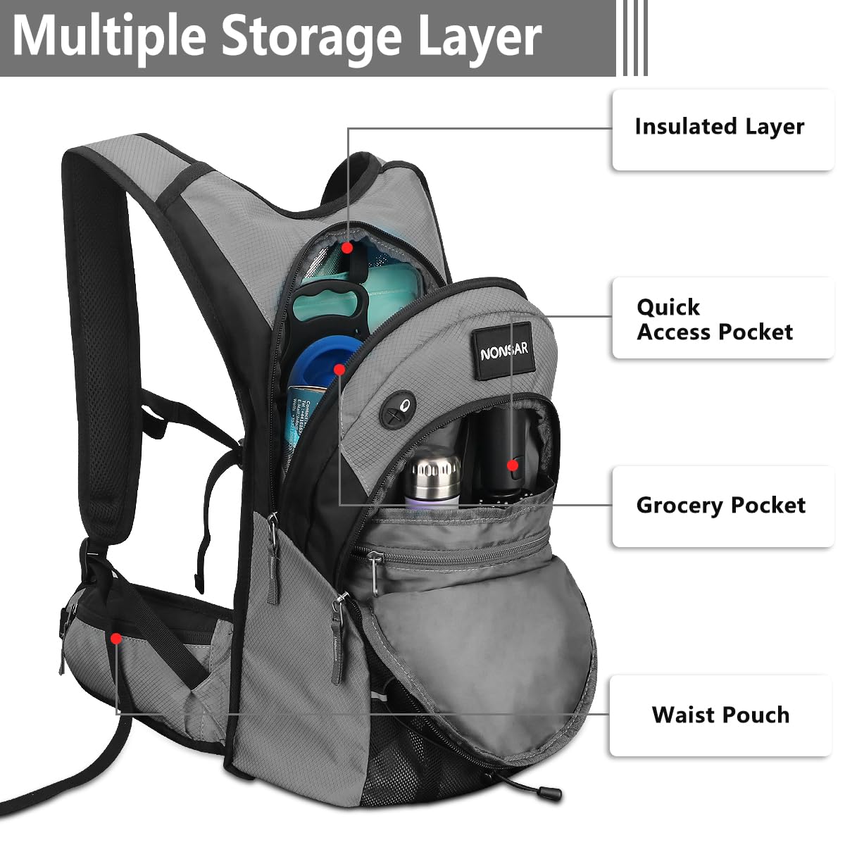 NONSAR 3L Hydration Backpack Pack with Water Bladder, Insulated Water Backpack for Women, Men, Kids, Keep Liquids Cool Up to 5 Hours, Daypack for Hiking, Running, Climbing, Rave, Festival