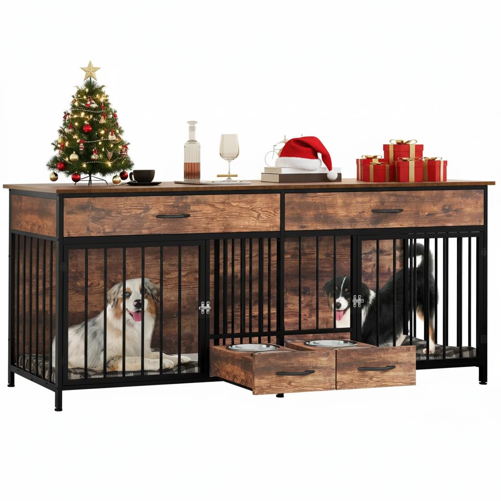 YITAHOME 74.8" Double Dog Crate Furniture with Dog Feeder, Heavy Duty Indoor Dog Kennel TV Stand with Drawers, Sturdy Dog Kennel with Divider for 2