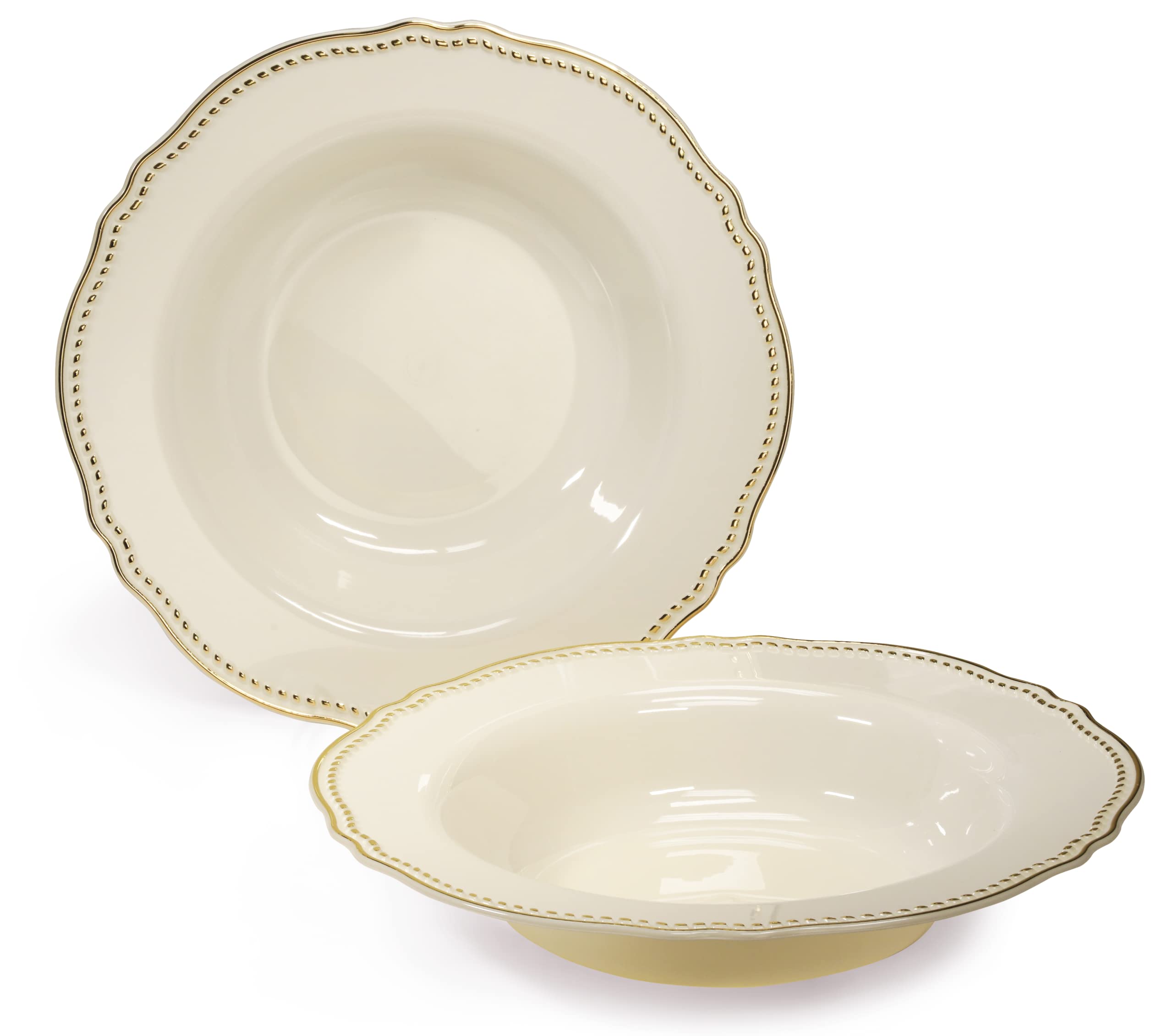 OCCASIONS 240 Plates Pack, Premium Heavyweight Disposable Wedding Party Plastic Bowls (10 oz Soup/Dessert Bowl, Rochelle Ivory & Gold)