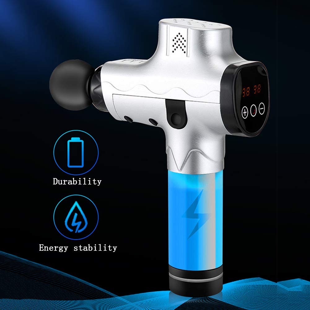 Pistola per Massaggi, Massaggiatore Muscolare Palmare per Tessuti Profondi, Pistola A Fascia Regolabile 2500mAh 20 velocità con 6 Teste di Massaggio, Riduzione Intelligente del Rumore