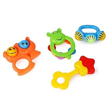 Asian Plastic Colorful Non Toxic Bpa Free Shake & Grab Rattles and Soothing Teethers for Babies & Infants, Early Age Toys for Kids -Pack of 4,Multicolor