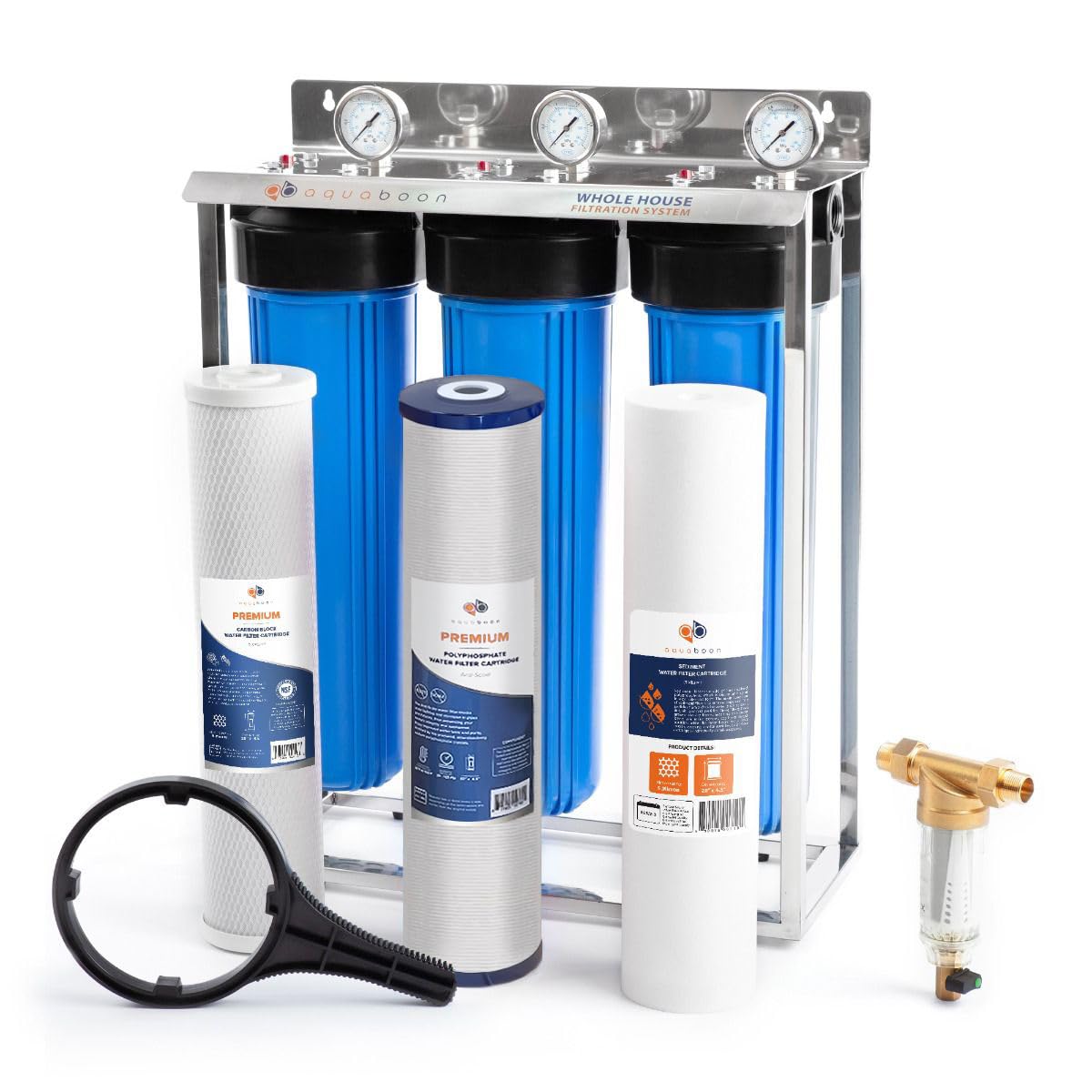 Aquaboon Sistema de filtro de agua de 3 etapas para toda la casa con filtro de reducción de agua de sedimentos de 5 micras 20 x 4.5 pulgadas, antiincrustación, filtro de reducción de cloro de carbono