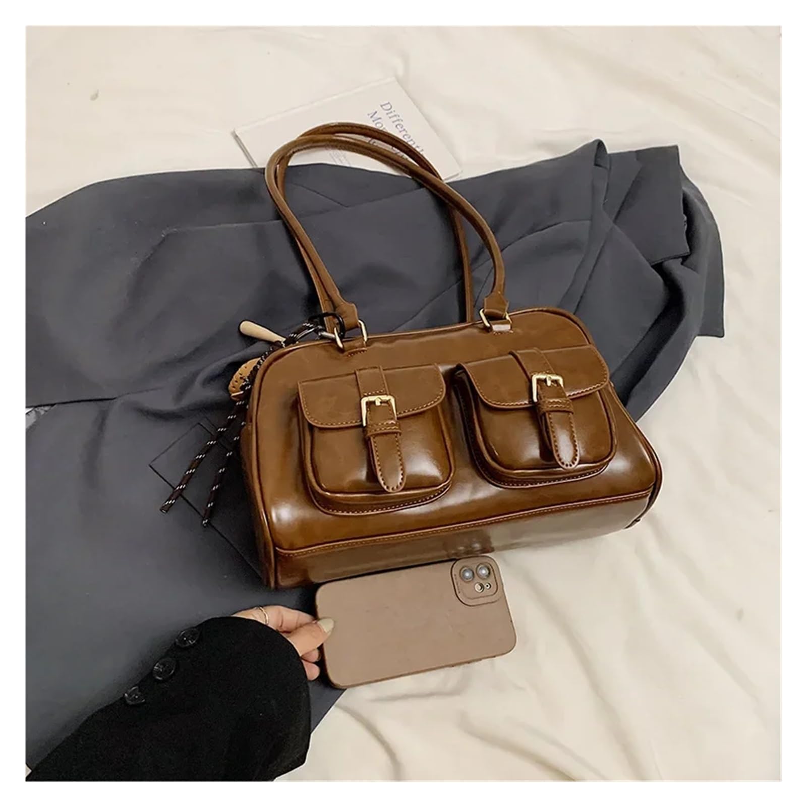 Bolso bandolera Retro Leather Pillow Bag Women's Commuter Bowling Handbag Shoulder Polyester Fiber Internal Structure