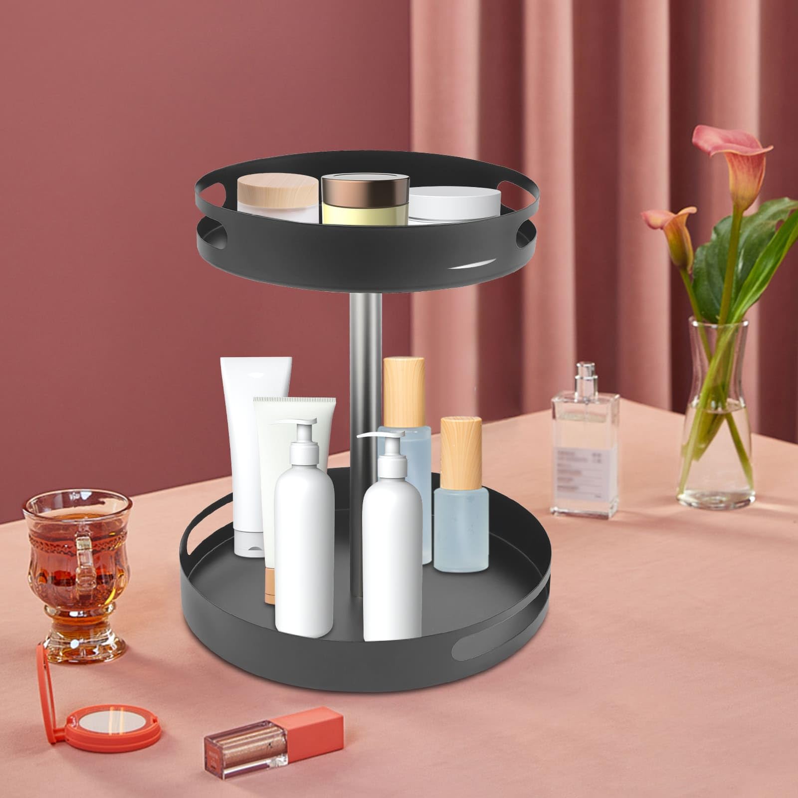 Étagère à Épices 2 Niveaux Rotative à 360°, Organisateur de Cuisine en Acier au Carbone, 30,5 x 35cm, pour Bouteilles d'assaisonnement (Noir)