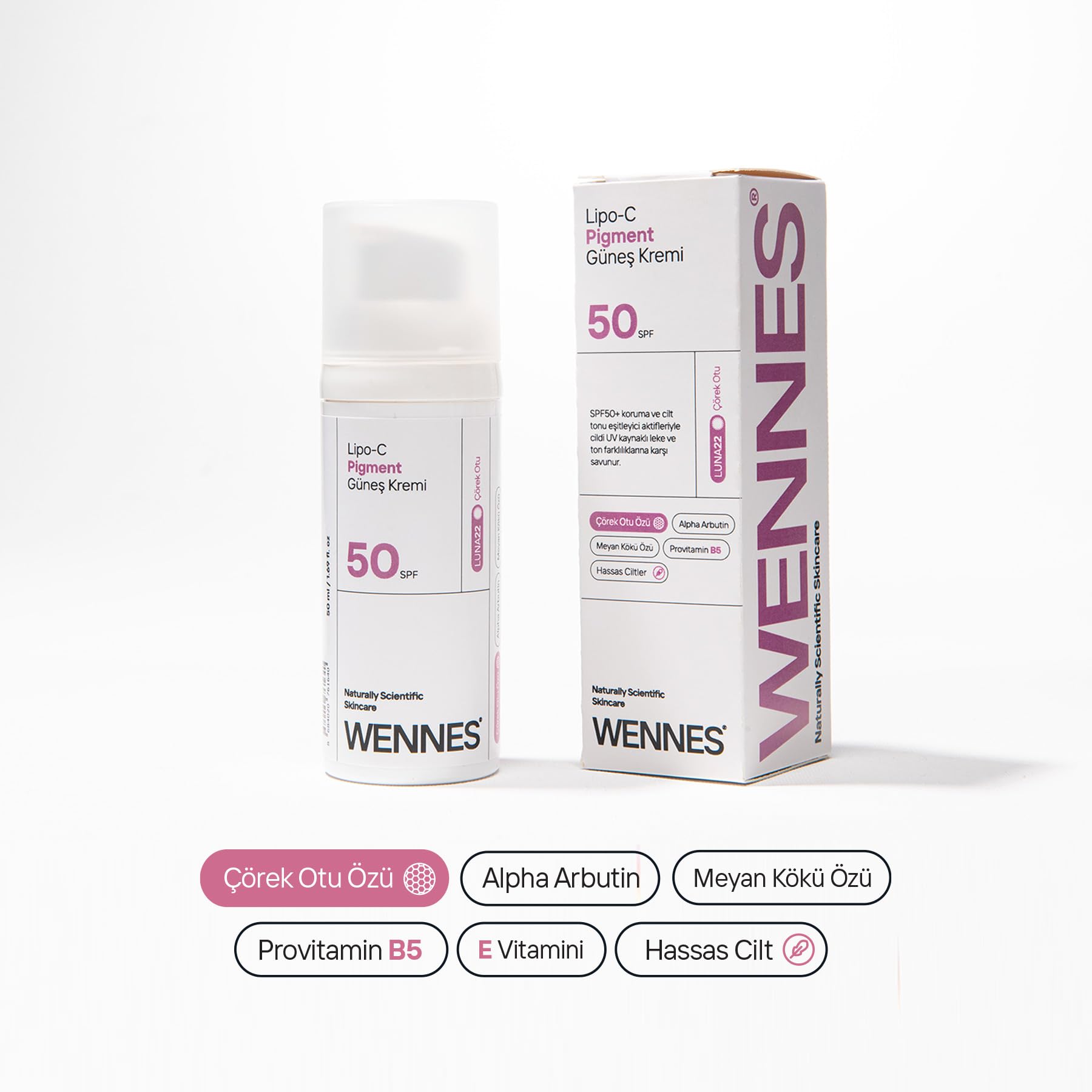 Lipo-C Pigment Güneş Kremi SPF50+ | Leke Karşıtı, Cilt Tonu Eşitleyici Yüksek Koruma, B5 + Çörek Otu Luna22