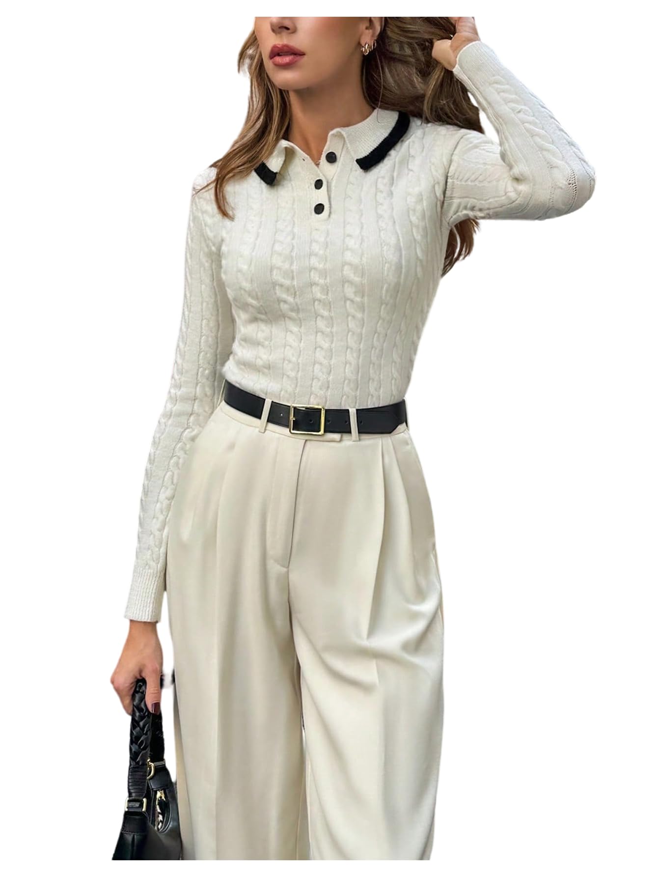 Verdusa Womens Business Casual Pullover Sweaters Button Up Collared Knit Tops