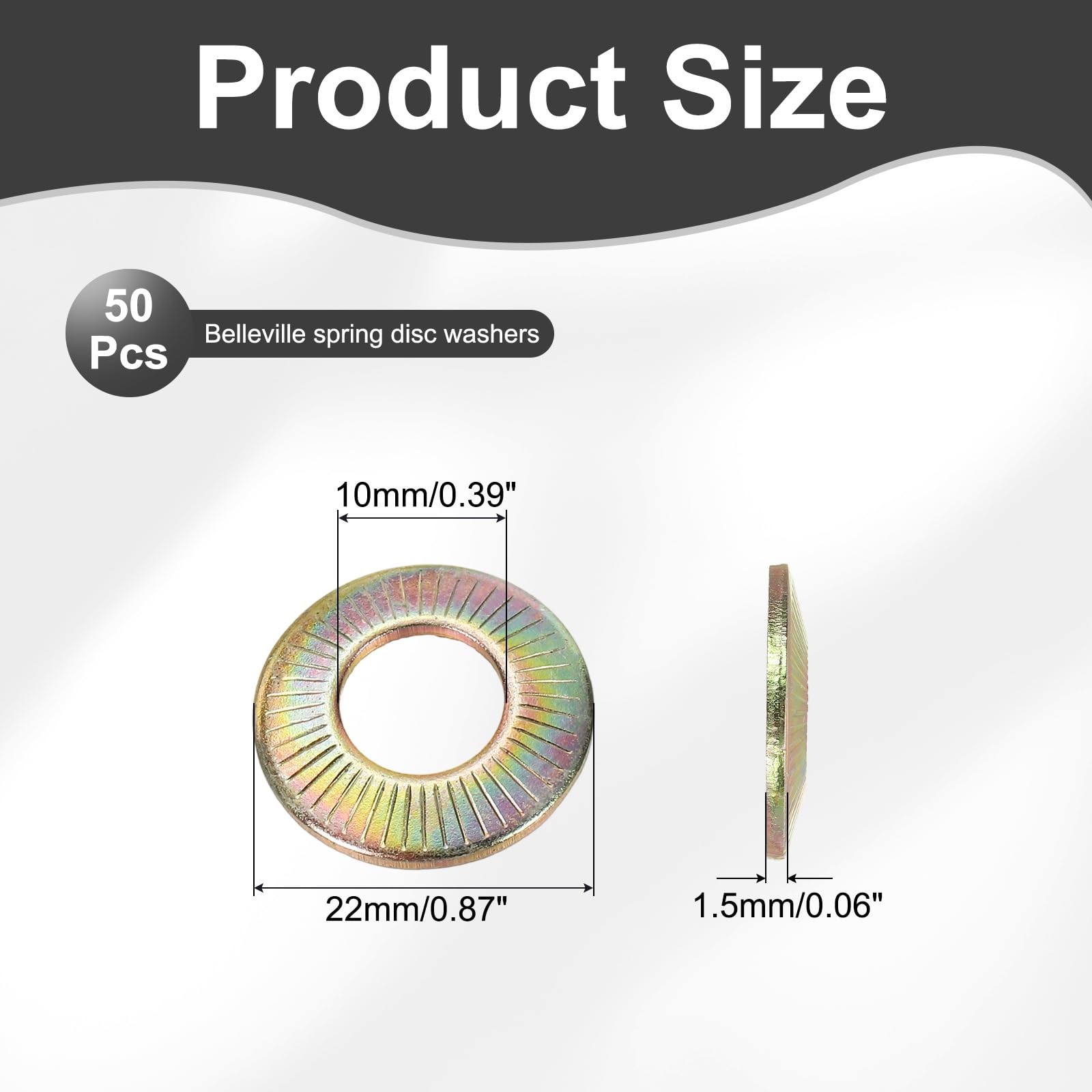 PATIKIL M10x22x1.5mm Flat Washers 50Pcs 65Mn Steel Belleville Spring Disc Washer Conical Knurled Metric Gasket for Automotive Industrial Construction (Yellow Zinc Plating) - Image 2