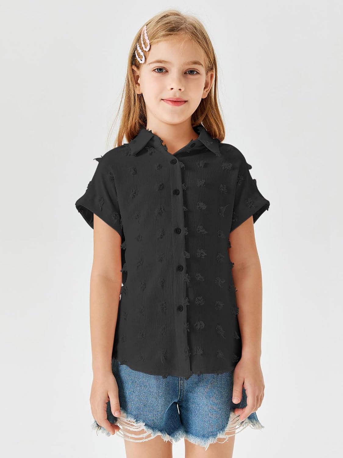 Haloumoning Girls Button Down Shirts Short Sleeve Kids Casual Chiffon Blouse Summer Tops T-Shirt - Image 6